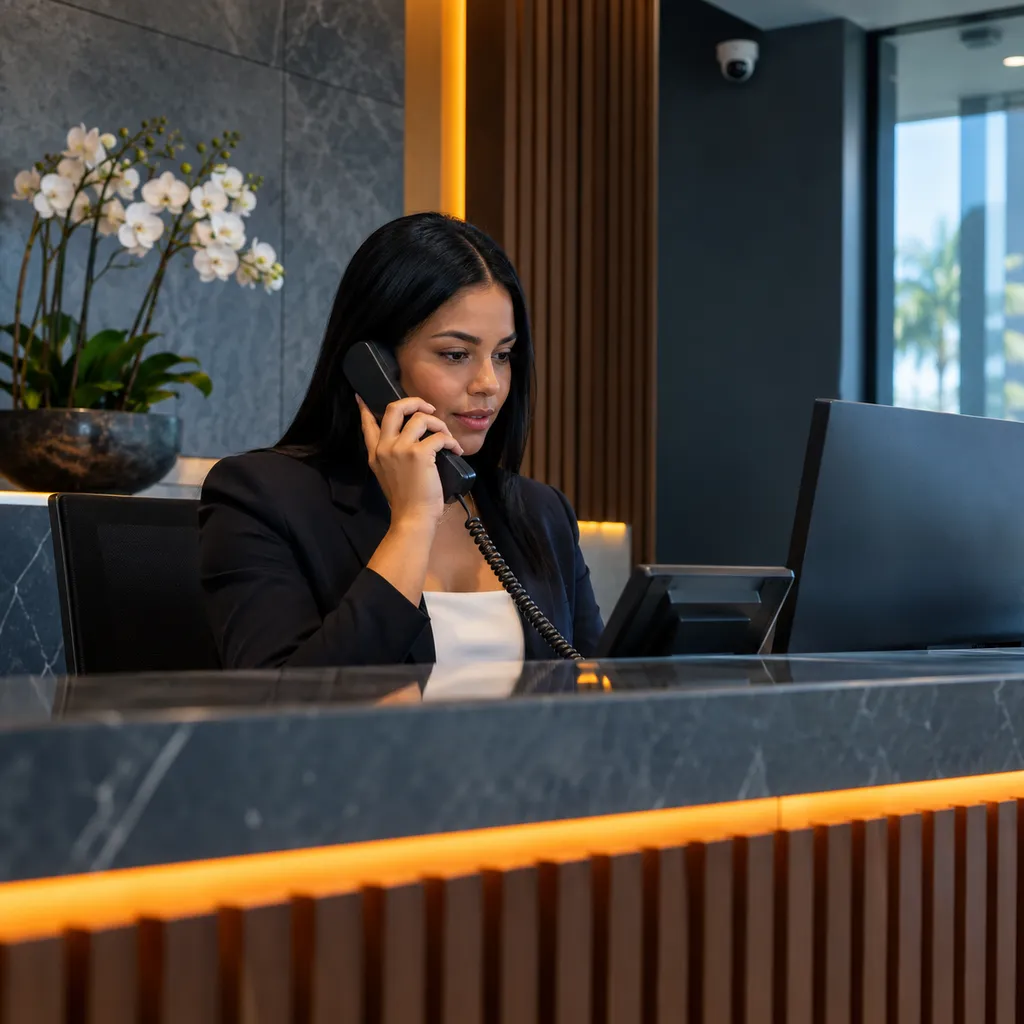 Recepcionista atendiendo el teléfono IP en la recepción